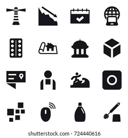 16 vector icon set : lighthouse, crisis, calendar, notebook globe, project, goverment house, 3d, surfer, ring button, cleanser, toilet brush