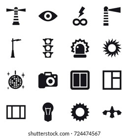 16 vector icon set : lighthouse, eye, infinity power, outdoor light, sun, disco ball, camera, power switch, window, hard reach place cleaning