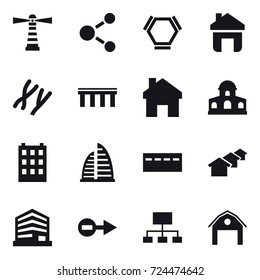 16 vector icon set : lighthouse, molecule, hex molecule, home, bridge, mansion, building, skyscraper, bunker, houses, hierarchy, barn