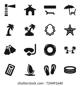 16 vector icon set : lighthouse, bungalow, lounger, palm, island, hawaiian wreath, starfish, flippers, diving mask, lifebuoy, palm hammock, inflatable mattress, windsurfing, flip-flops