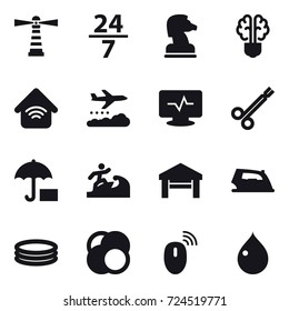 16 vector icon set : lighthouse, 24/7, chess horse, bulb brain, wireless home, weather management, surfer, garage, iron, inflatable pool, drop