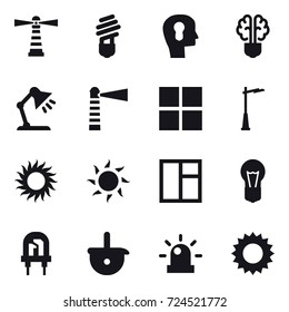 16 vector icon set : lighthouse, bulb, bulb head, bulb brain, table lamp, window, outdoor light, sun