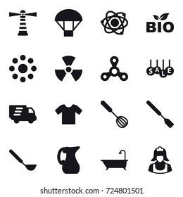 16 vector icon set : lighthouse, parachute, atom, bio, round around, nuclear, spinner, sale, delivery, t-shirt, whisk, spatula, ladle, jug, bath, cleaner