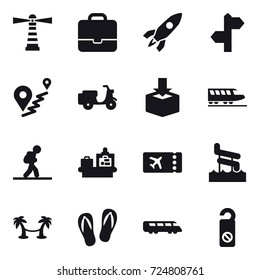 16 vector icon set : lighthouse, portfolio, rocket, train, tourist, baggage checking, ticket, aquapark, palm hammock, flip-flops, do not distrub