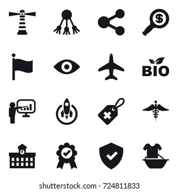 16 vector icon set : lighthouse, share, dollar magnifier, flag, eye, plane, bio, presentation, rocket, university, handle washing
