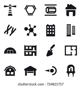 16 vector icon set : lighthouse, hex molecule, nanotube, home, building, skyscrapers, hangare, modular house, construction, plan, house, garage