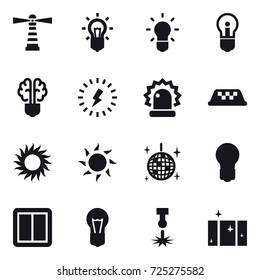 16 vector icon set : lighthouse, bulb, bulb brain, lightning, taxi, sun, disco ball, power switch, clean  window