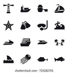 16 vector icon set : lighthouse, sail boat, starfish, flippers, diving mask, surfer, jet ski, cruise ship, yacht, palm hammock, shark flipper, jellyfish, fish