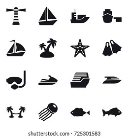 16 vector icon set : lighthouse, boat, sail boat, island, starfish, flippers, diving mask, jet ski, cruise ship, yacht, palm hammock, jellyfish, fish