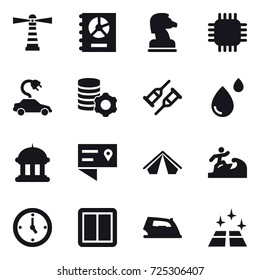 16 vector icon set : lighthouse, annual report, chess horse, chip, electric car, virtual mining, goverment house, tent, surfer, watch, power switch, iron, clean floor