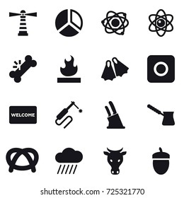 16 vector icon set : lighthouse, diagram, atom, flippers, ring button, welcome mat, knife holder, turk, rain cloud, cow, acorn