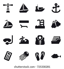 16 vector icon set : lighthouse, boat, sail boat, lounger, pool, flippers, diving mask, surfer, life vest, cruise ship, inflatable mattress, jellyfish, flip-flops