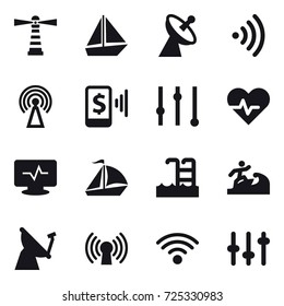 16 vector icon set : lighthouse, boat, satellite antenna, wireless, antenna, mobile pay, equalizer, sail boat, pool, surfer
