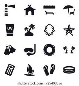 16 vector icon set : lighthouse, bungalow, lounger, uv cream, island, hawaiian wreath, starfish, flippers, diving mask, lifebuoy, palm hammock, inflatable mattress, windsurfing, flip-flops