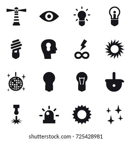 16 vector icon set : lighthouse, eye, bulb, bulb head, infinity power, sun, disco ball, shining