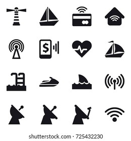 16 vector icon set : lighthouse, boat, tap to pay, wireless home, antenna, mobile pay, sail boat, pool, jet ski, shark flipper, wireless, satellite antenna