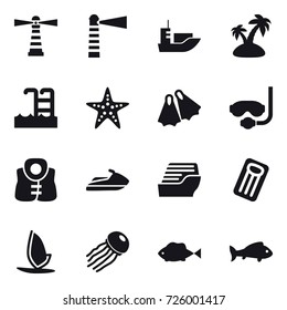 16 vector icon set : lighthouse, island, pool, starfish, flippers, diving mask, life vest, jet ski, cruise ship, inflatable mattress, windsurfing, jellyfish, fish