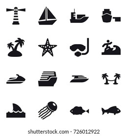 16 vector icon set : lighthouse, boat, island, starfish, diving mask, surfer, jet ski, cruise ship, yacht, palm hammock, shark flipper, jellyfish, fish