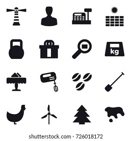 16 vector icon set : lighthouse, man, cashbox, sun power, restaurant, mixer, coffee seeds, shovel, chicken, windmill, spruce, spot