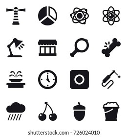 16 vector icon set : lighthouse, diagram, atom, table lamp, market, magnifier, fountain, watch, ring button, rain cloud, cherry, acorn, foam bucket