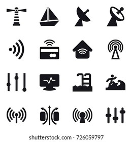 16 vector icon set : lighthouse, boat, satellite antenna, wireless, tap to pay, wireless home, antenna, equalizer, pool, surfer
