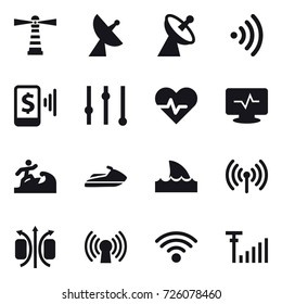 16 vector icon set : lighthouse, satellite antenna, wireless, mobile pay, equalizer, surfer, jet ski, shark flipper
