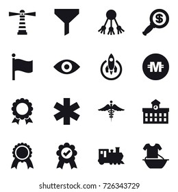 16 vector icon set : lighthouse, funnel, share, dollar magnifier, flag, eye, rocket, crypto currency, medal, university, train, handle washing