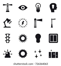 16 vector icon set : lighthouse, eye, bulb, bulb head, table lamp, lightning, outdoor light, sun, power switch, shining, clean  window