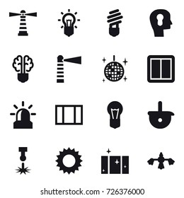 16 vector icon set : lighthouse, bulb, bulb head, bulb brain, disco ball, power switch, alarm, window, sun, clean  window, hard reach place cleaning