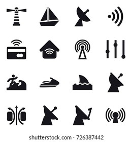 16 vector icon set : lighthouse, boat, satellite antenna, wireless, tap to pay, wireless home, antenna, equalizer, surfer, jet ski, shark flipper