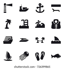 16 vector icon set : lighthouse, lounger, palm, pool, surfer, life vest, cruise ship, yacht, palm hammock, shark flipper, windsurfing, jellyfish, flip-flops, fish