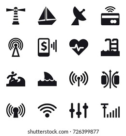 16 vector icon set : lighthouse, boat, satellite antenna, tap to pay, antenna, mobile pay, pool, surfer, shark flipper, wireless