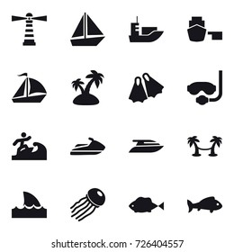 16 vector icon set : lighthouse, boat, sail boat, island, flippers, diving mask, surfer, jet ski, yacht, palm hammock, shark flipper, jellyfish, fish