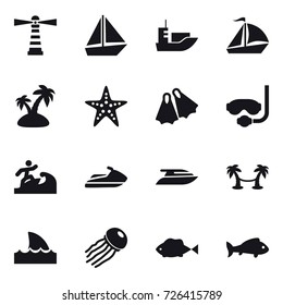 16 vector icon set : lighthouse, boat, sail boat, island, starfish, flippers, diving mask, surfer, jet ski, yacht, palm hammock, shark flipper, jellyfish, fish