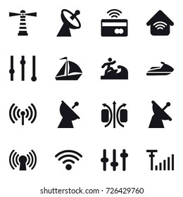 16 vector icon set : lighthouse, satellite antenna, tap to pay, wireless home, equalizer, sail boat, surfer, jet ski, wireless