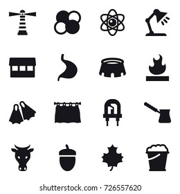 16 vector icon set : lighthouse, atom core, atom, table lamp, market, stadium, flippers, curtain, turk, cow, acorn, maple leaf, foam bucket