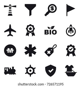 16 vector icon set : lighthouse, funnel, dollar magnifier, flag, plane, medal, bio, rocket, crypto currency, train, handwheel, handle washing