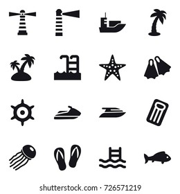 16 vector icon set : lighthouse, palm, island, pool, starfish, flippers, handwheel, jet ski, yacht, inflatable mattress, jellyfish, flip-flops, fish