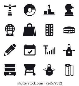 16 vector icon set : lighthouse, circle diagram, pedestal, chess horse, notebook globe, shopping bag, airport building, pencil, apron, paper towel