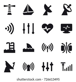 16 vector icon set : lighthouse, boat, satellite antenna, wireless, equalizer, pool, shark flipper