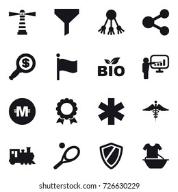 16 vector icon set : lighthouse, funnel, share, dollar magnifier, flag, bio, presentation, crypto currency, medal, train, tennis, shield, handle washing