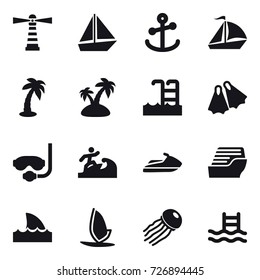 16 vector icon set : lighthouse, boat, sail boat, palm, island, pool, flippers, diving mask, surfer, jet ski, cruise ship, shark flipper, windsurfing, jellyfish