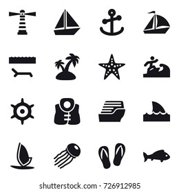 16 vector icon set : lighthouse, boat, sail boat, lounger, island, starfish, surfer, handwheel, life vest, cruise ship, shark flipper, windsurfing, jellyfish, flip-flops, fish