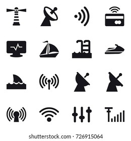 16 vector icon set : lighthouse, satellite antenna, wireless, tap to pay, sail boat, pool, jet ski, shark flipper