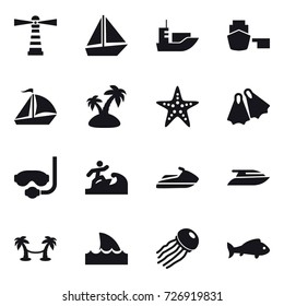 16 vector icon set : lighthouse, boat, sail boat, island, starfish, flippers, diving mask, surfer, jet ski, yacht, palm hammock, shark flipper, jellyfish, fish