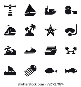 16 vector icon set : lighthouse, boat, sail boat, island, starfish, diving mask, surfer, jet ski, cruise ship, palm hammock, shark flipper, jellyfish, fish