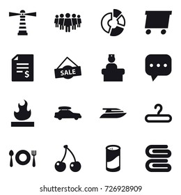 16 vector icon set : lighthouse, team, circle diagram, delivery, account balance, sale, car baggage, yacht, hanger, cherry, cleanser powder, stack of towels