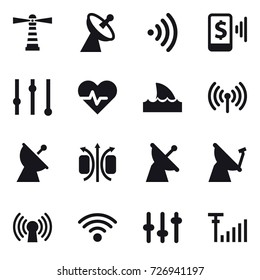 16 vector icon set : lighthouse, satellite antenna, wireless, mobile pay, equalizer, shark flipper