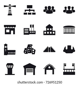 16 vector icon set : lighthouse, hierarchy, group, shop, store, cottage, airport building, church, modern architecture, pyramid, building helmet, airport tower, garage, barn, skyscapers cleaning