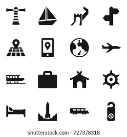 16 vector icon set : lighthouse, boat, great wall, earth, plane, train, suitcase , bungalow, hand wheel, bed, do not disturb